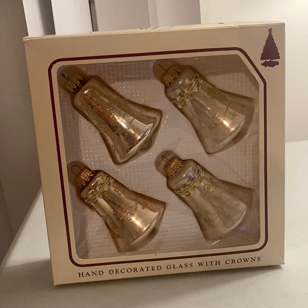 Vintage Christmas by Krebs Gold Glass Bell Ornaments Set of 4 w/ Box
